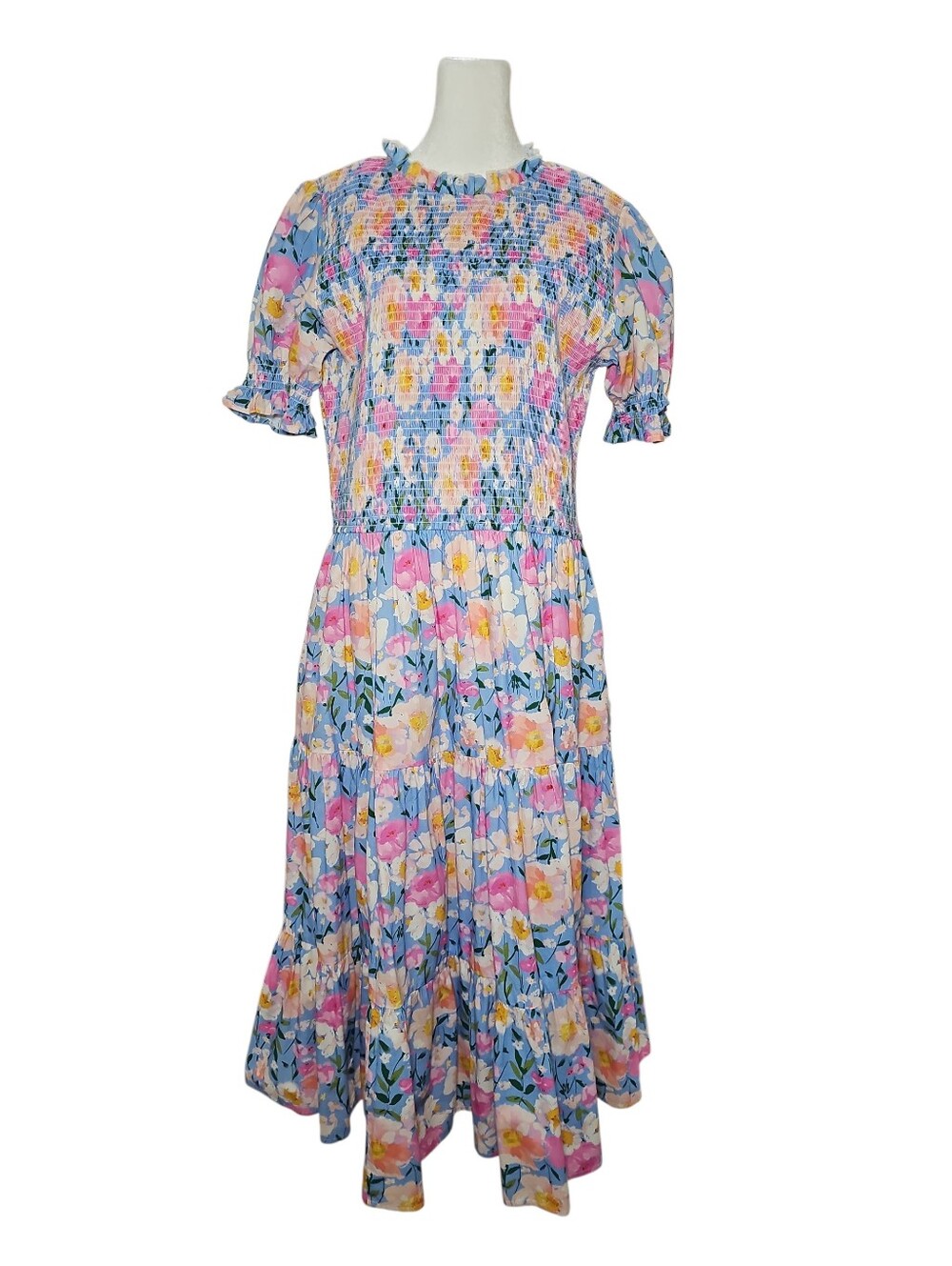 Ivy City Co. Blue Floral Smocked Midi Dress